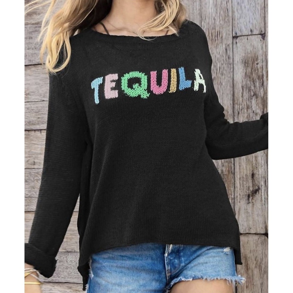 Wooden Ships Sweater Womens M/L Black Tequila‎ Graphic Crew Lightweight Knit